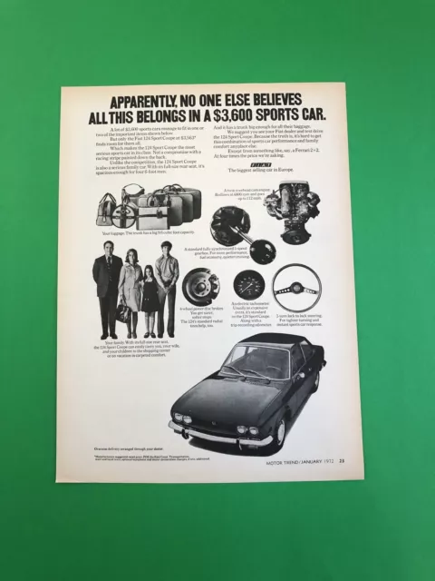 1972 Fiat Sport Coupe Original Vintage Print Ad Advertisement Printed