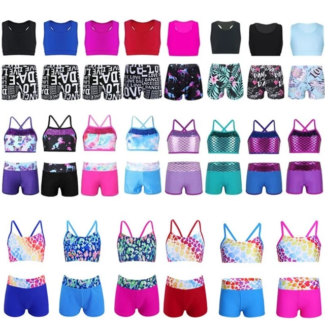 Kids Girls Active Dance Outfit Gym Tracksuit Crop Top Booty Shorts Set Dancewear