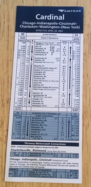 Amtrak Cardinal 2001 Chicago Indianapolis Charleston Cincinnati Washington NY