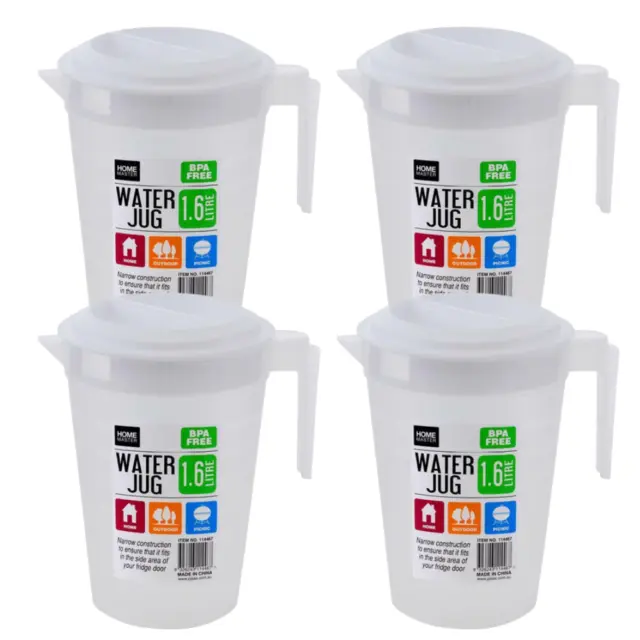 4x Plastic Water Jug Cold Drink Set Colour BPA FREE with Lid 1.6L Fridge NEW