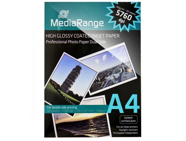Papier Photo Brillant A4 160g MediaRange - Lot De 3 X 50 Feuilles (150 Feuilles)