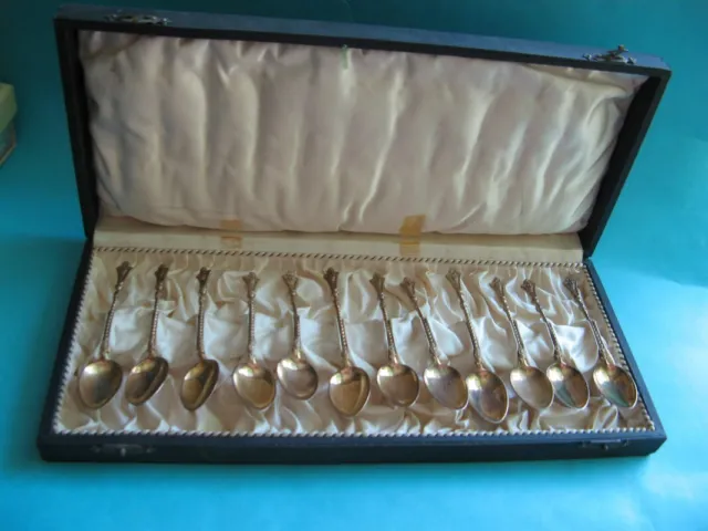 Antique German Set Of 12 Coin Silver Boxed 800 Silver Gilded  Spoons W.lion Mask