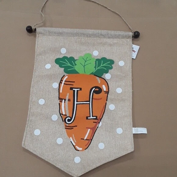 Spring Easter "H" Monogram Carrot Burlap House Flag with Pole NEW