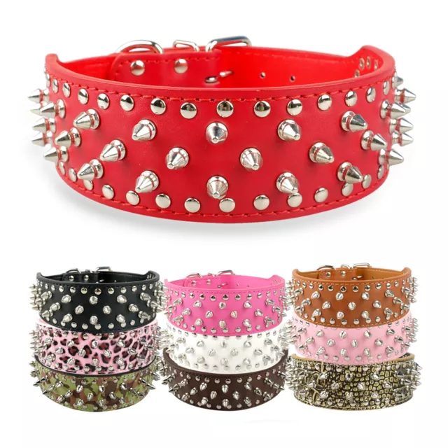 Spiked Studded Rivet Leather Dog Collar For Medium Large Dogs Red Black Pitbull