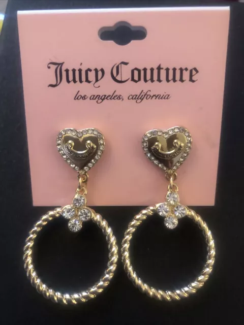 Juicy Couture Gold Tone Heart & Twisted Round Hoop Drop Earrings CZ Accents NWT