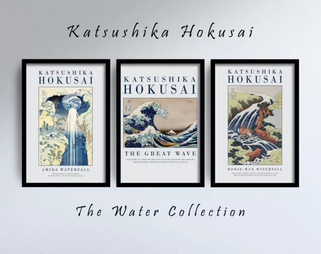 Set of Three Water Paintings by Hokusai - Art Print Poster Ocean Waterfalls