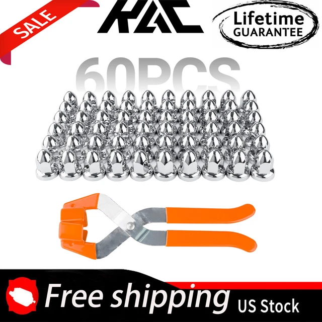 Lug Nut Covers 60 Chrome ABS Plastic Pointed 33mm Flanged W/ Removal Tool