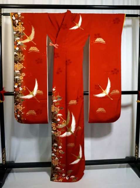 Japanese kimono SILK"FURISODE" Gold thread/leaf,Cranes,Brownish Red ,L5' 4".3469