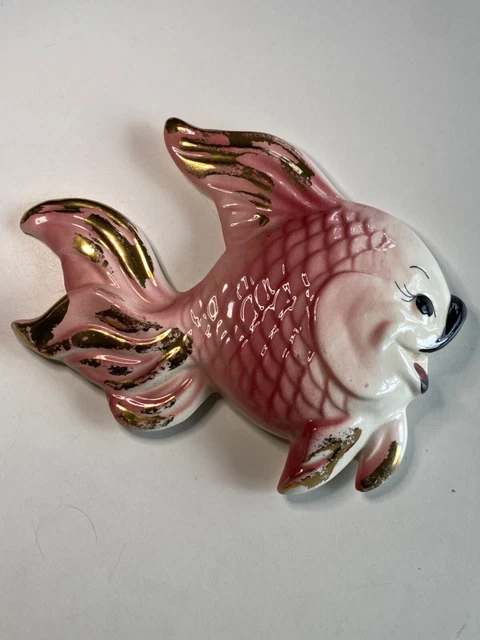 Vintage Ceramic Fish Wall Decor Deforest California Pottery Pink Gold Happy 7.5"