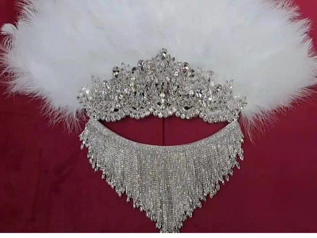 Fan feather Brides Ostrich fan Wedding Hand fan Crystals silver