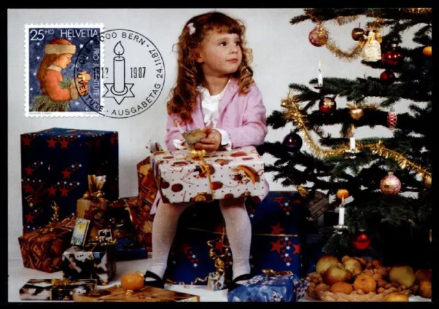 Weihnachten. Mädchen mit Kerze und Tannenzweig. Maximumkarte. Schweiz 1987