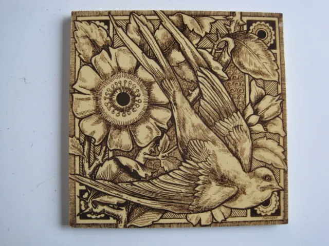 Antique Victorian Aesthetic Arts & Crafts Swallow Tile - Craven Dunnill C1882