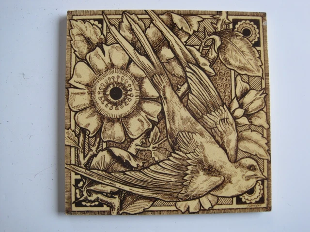 Antique Victorian Aesthetic Arts & Crafts Swallow Tile - Craven Dunnill C1882