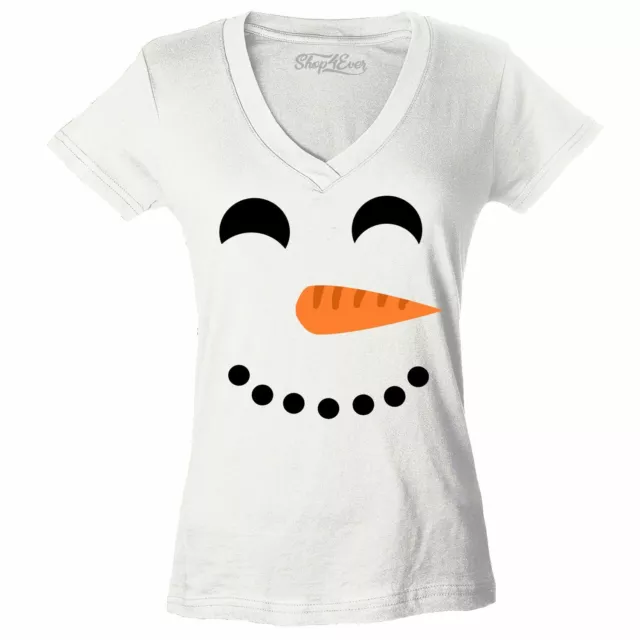 Happy Smiling Snowman Women's V-Neck T-shirt Fun Cute Christmas Costume Xmas Tee