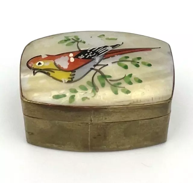 Vintage Pillendose Antik Vogel Perlmutt Messing Schmuckbox Schatulle RAR #1735