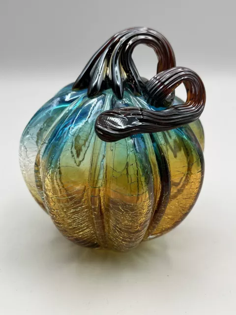 Pumpkin With Curly Stem Hand Blown Vintage Glass Art Amber & Blue Crackle Glass