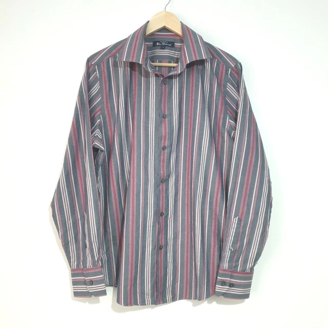 Camicia a righe Ben Sherman taglia large manica lunga tasca grigio rosa logo abbottonato
