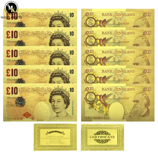 10pc/set British £ 10 Elizabeth II Commemorative Gold Foil Banknote Holiday Gift