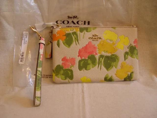 NWT Coach Small Wristlet with Floral Glitter Print Leather Wallet Handbag CC956