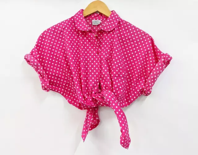 Hot Pink White Polka dot Vintage 80s Women Button Shirt Collar Size 8 10 S Retro