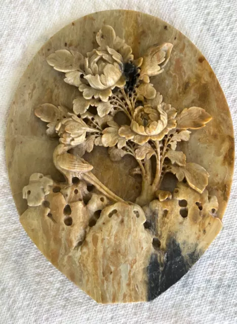 Pretty Carved Soapstone Sculpture with Flowers and Bird