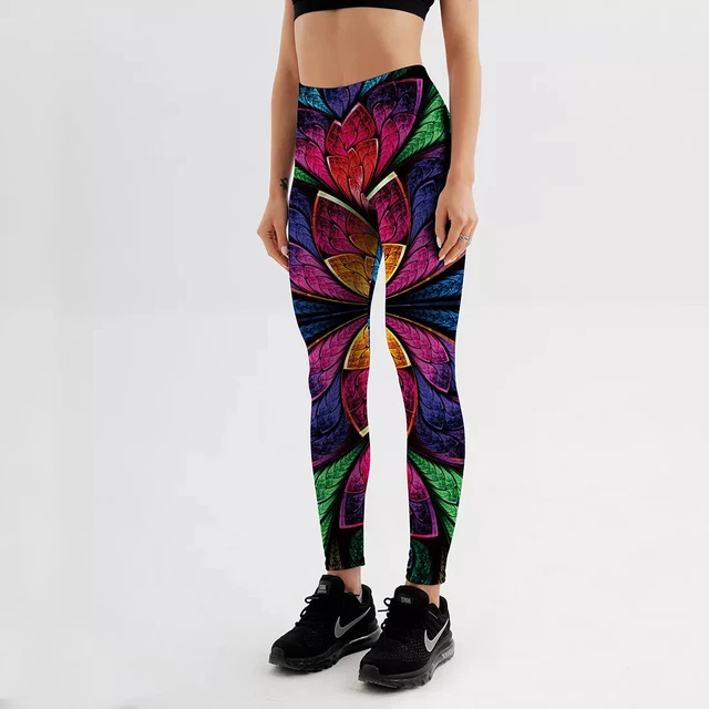 Donne ragazze Leggings Sport Yoga Pantaloni Stampa digitale 3D Foglie di metallo colorate