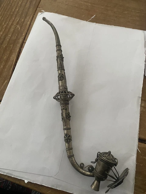 Antique Burmese Butterfly-Lidded Pipe-Filagree-detailed-silver Alloy 13 Inches