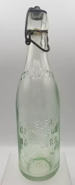 Antique Aqua Glass York Pa C.F. Welsh Bottle 9-1/4" H Embossed Metal Stopper