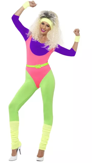 Smiffys 80s Work Out Costume, with Jumpsuit, Neon (Size XS)