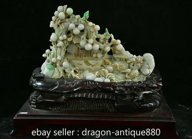 12.8" Chinese Natural Emerald jadeite Jade Mountain Tree House Duck Statue