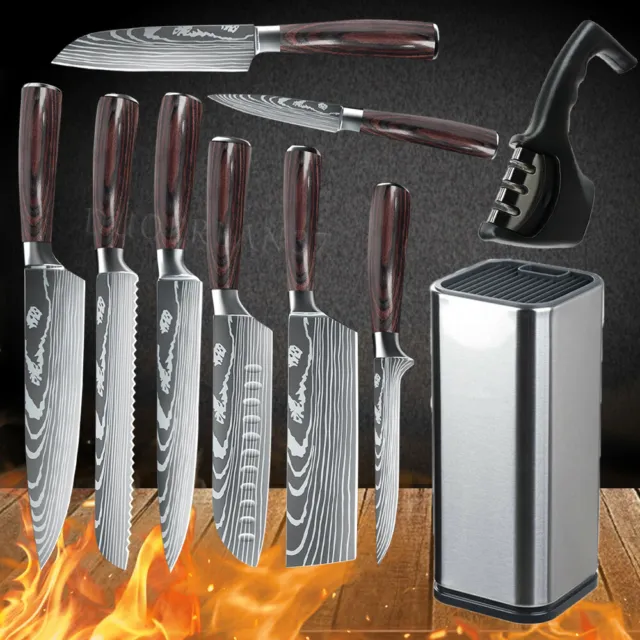 10PCS Kitchen Knives Set Chef Knife Stainless Steel Damascus w/ Holder Sharpener