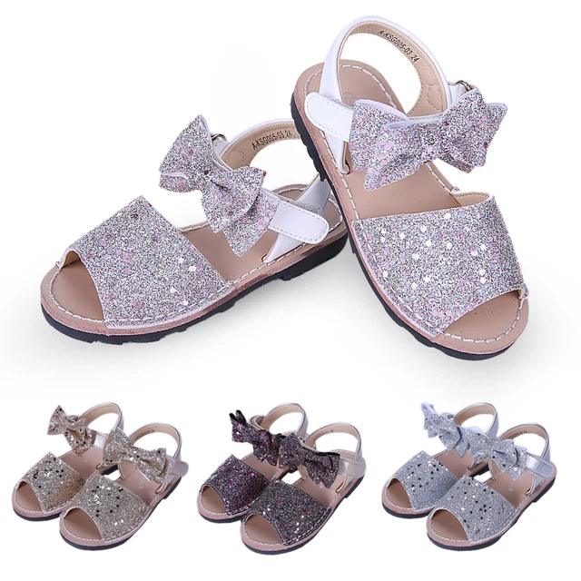 NEW Girls Glitter Bow Sandals Toddler Kids Summer Party Wedding Shoes Flat Heels