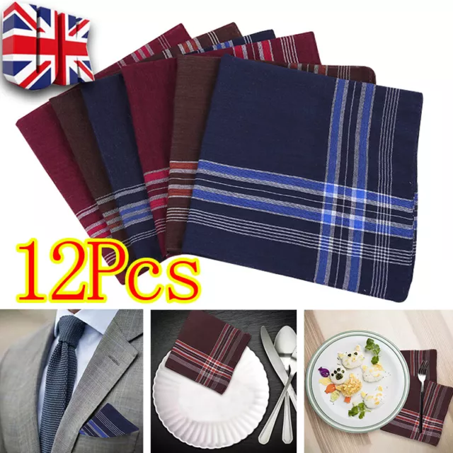 12 PCS Mens Handkerchiefs Gents Hankies 100% Cotton Handkerchiefs Hanky Gifts UK