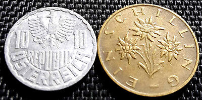 Austria 1962 10 Groschen & 1972 1 schilling coin, 2pcs (+ FREE 1 coin) #D5113