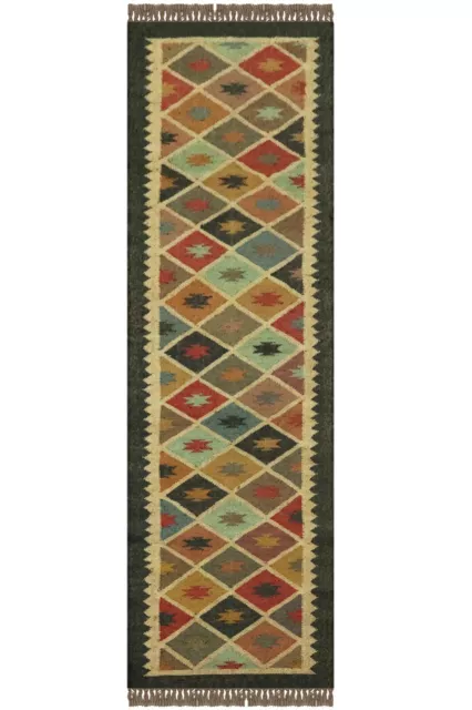 Noir Laine Jute Kilim Éscalier Chemin Zone Tapis Géométrique Tissé Tapis 0.6x3m 2