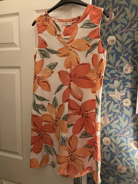LINEN SHIFT DRESS Orange And white linen blend Dress uk 8 4.00