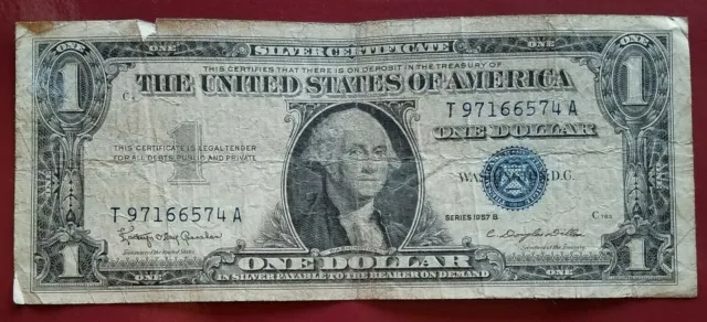 1957 B Blue Seal $1 One Dollar Silver Certificate Bill Old Paper Money USA Note