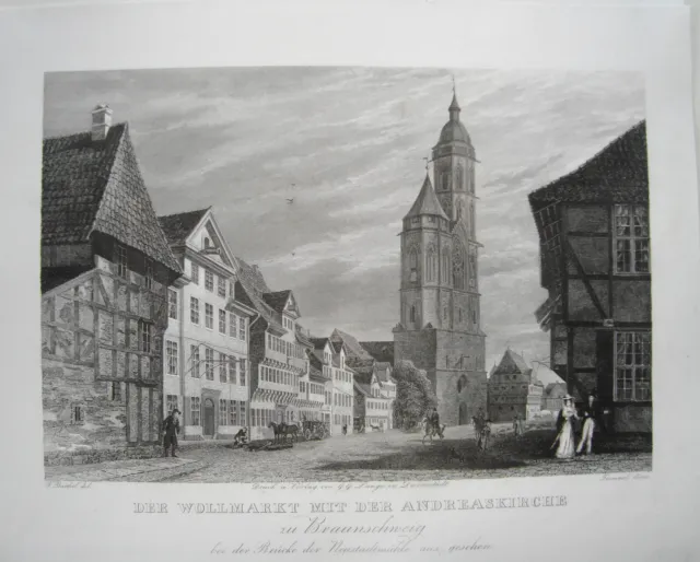 Braunschweig Wollmarkt  Andreaskirche alter wunderschöner großer Stahlstich 1842