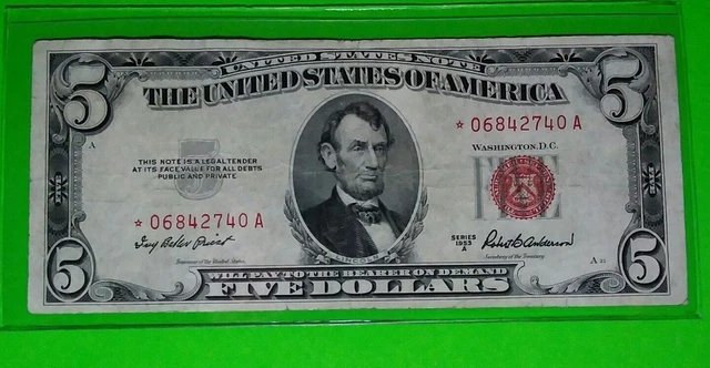 *1953 A $5 Star! Red Seal ! Note ! Vf. Circ. ! Old Us Currency ! Nice!