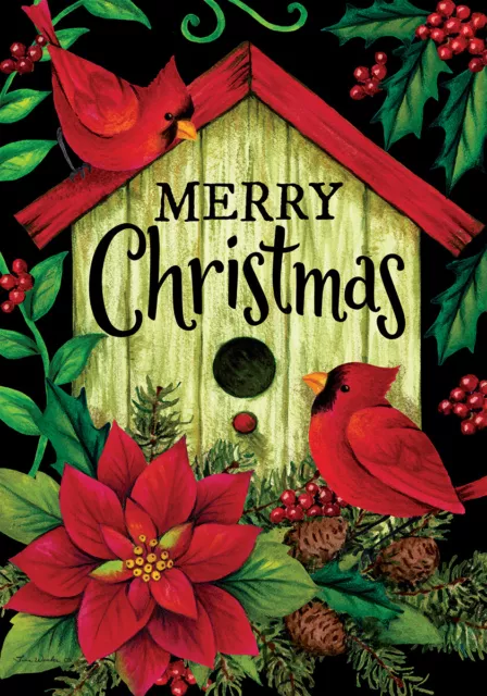 Merry Christmas Cardinal Birdhouse Poinsettia Pine Cone Holly House Flag 40x28
