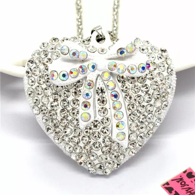 New Fashion Women White Enamel Crystal Bow Love Heart Pendant Chain Necklace