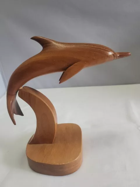Vintage Milo Wood  Hand Carved Wood Jumping Dolphin Porpoise On Stand