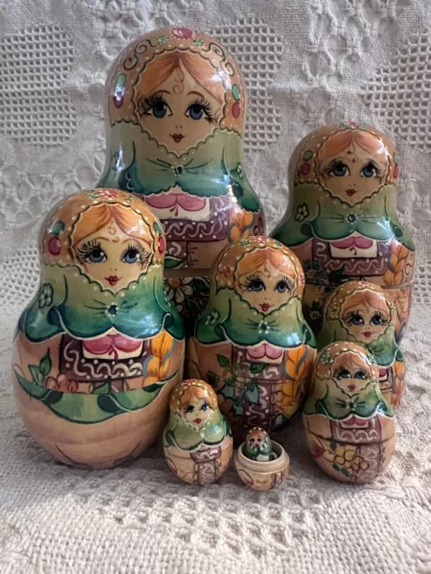 Vintage Wooden Russian Nesting Matryoshka Dolls Hand Painted Art Artist Signed 8