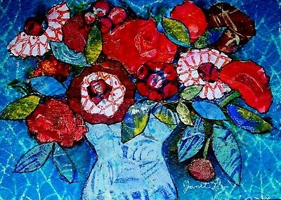 JANET LEO  sfa   ORIGINAL MIXED MEDIA   collage RED, WHITE AND BLUE  floral