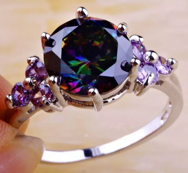 18K W GOLD EP 3.0CT MYSTIC RAINBOW TOPAZ AMETHYST RING WOW size 6 - 12 u choose