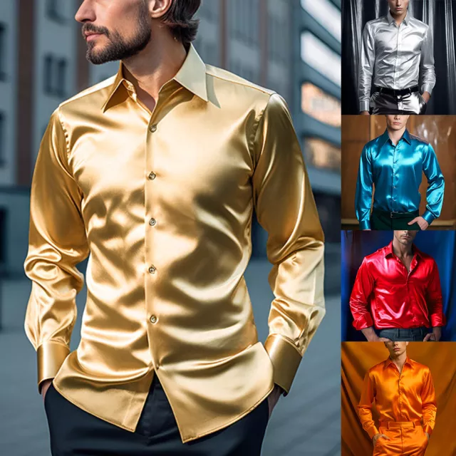 Camisa De Satén Para Hombre Tops De Seda Color Sólido Vestido De Lujo De <