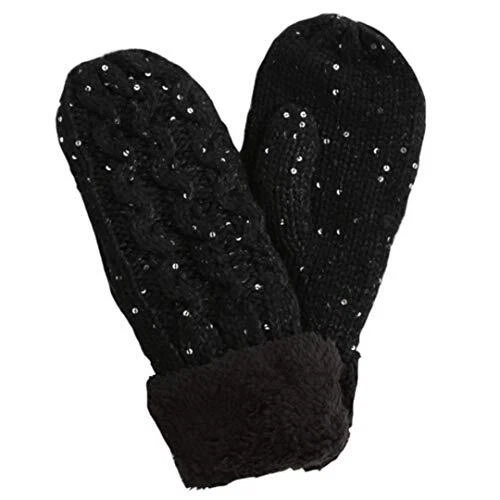 Women's Warm Thick Winter Mittens Cable Knit Pattern Design Sequins Fleece Cuffs