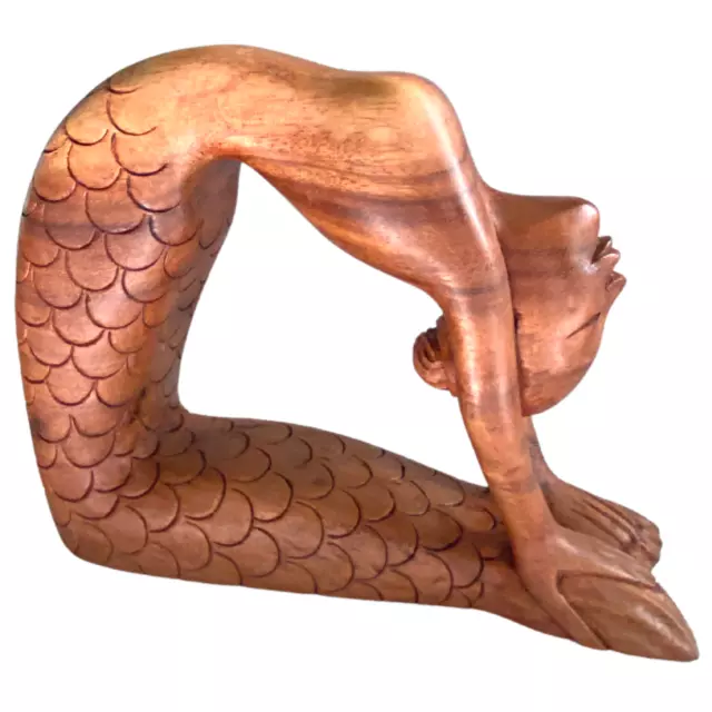 Balinese Yoga Mermaid Statue Ustrasana Pose Hand Carved Wood Bali Art sculpture