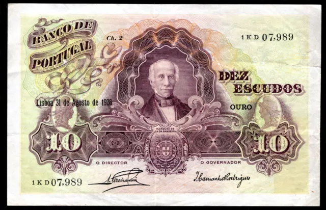 Portugal, 10 Escudos, 31-8-1926, 1KD 07,989. Crisp F-VF.       DY12647