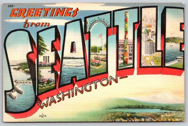 Postcard Greetings from Seattle Washington large letter linen O131